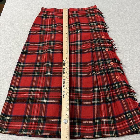 Vintage Kilt Plaid Skirt Womens Size 9 26W Red Tartan Button Wrap Wool Blend 90s - Picture 9 of 12